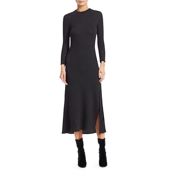Theory Ribbed Flounce Midi Sweater Dress Medium Charcoal Wool Blend Minimalist - Picture 1 of 11